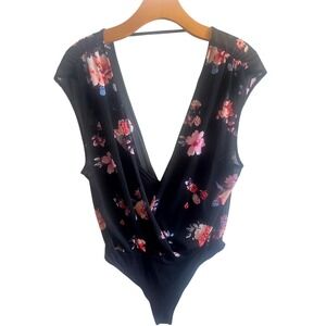 Lush Mesh Floral Bodysuit Plunge Neck Sleeveless Snap Closure Black Size L -New